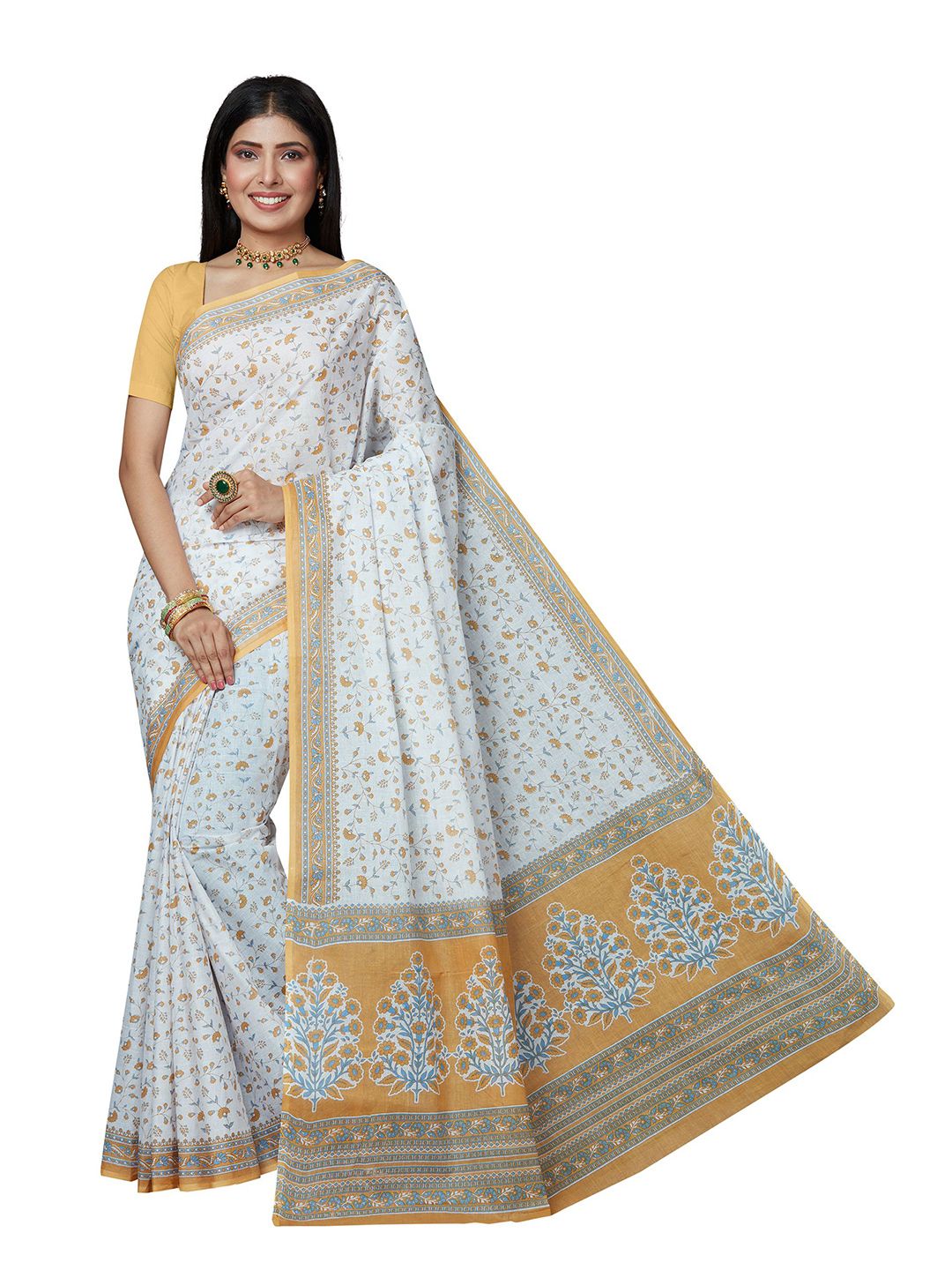 SHANVIKA White & Orange Floral Pure Cotton Block Print Saree Price in India
