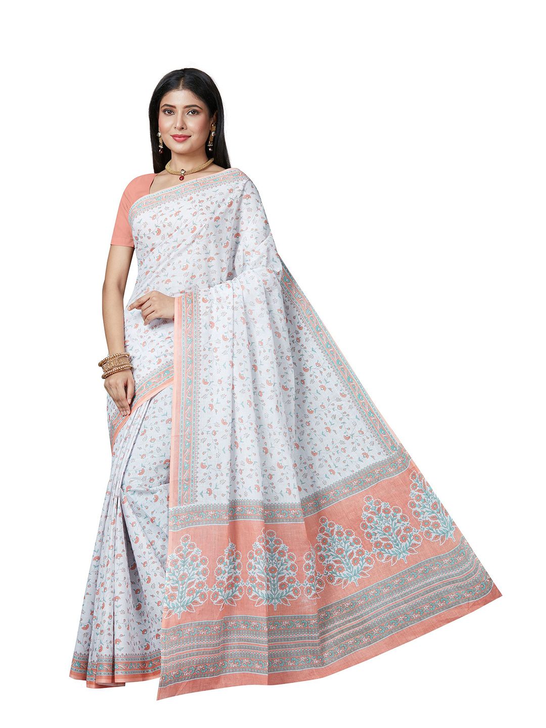 SHANVIKA Off White & Coral Floral Pure Cotton  Block Print Saree Price in India