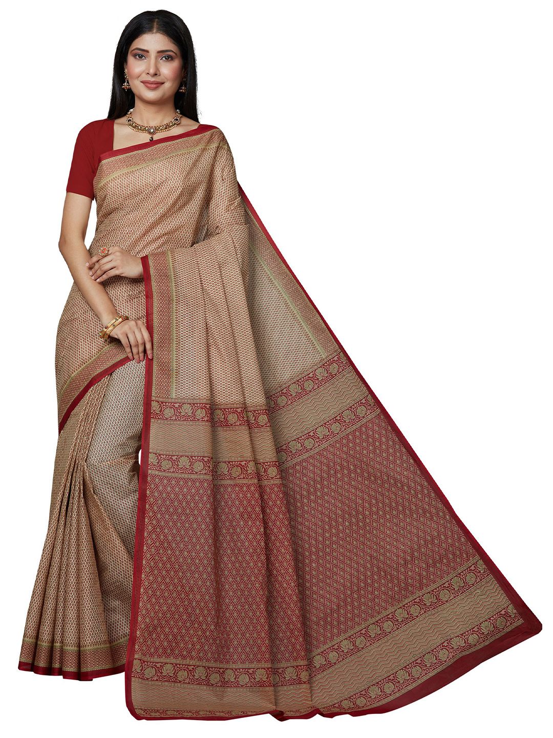 SHANVIKA Beige & Maroon Pure Cotton  Block Print Saree Price in India