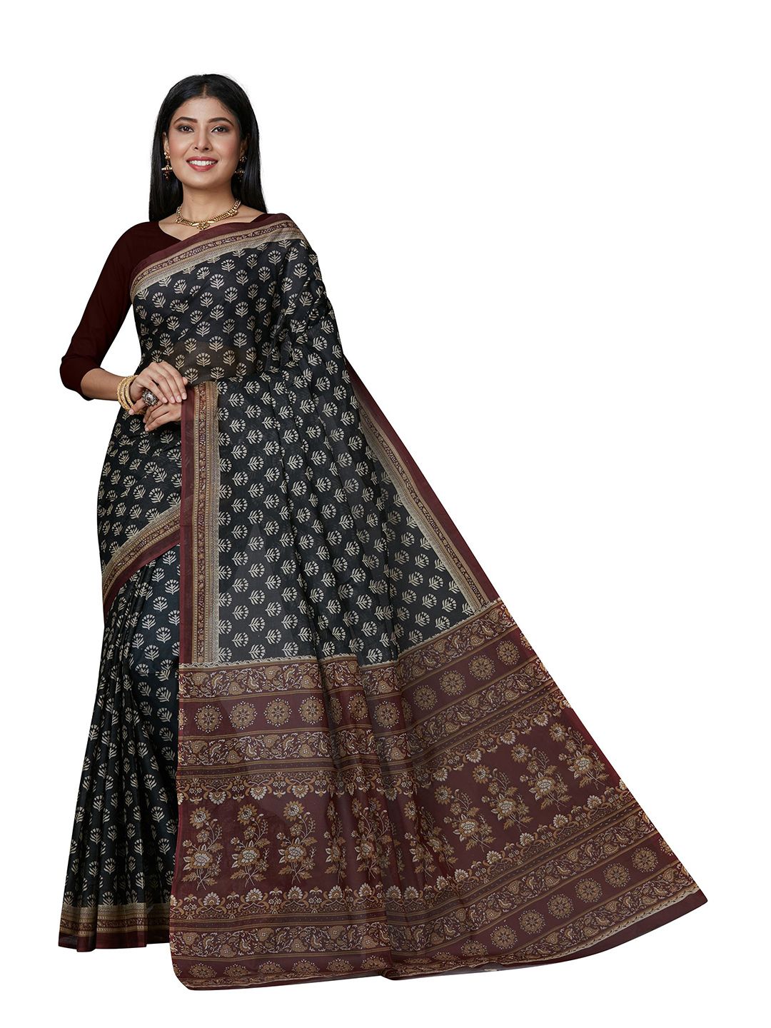 SHANVIKA Black & Brown Ethnic Motifs Pure Cotton  Block Print Saree Price in India