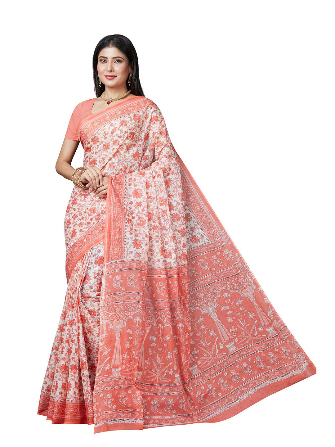 SHANVIKA Peach-Coloured & Cream-Coloured Floral Pure Cotton Block Print Saree Price in India