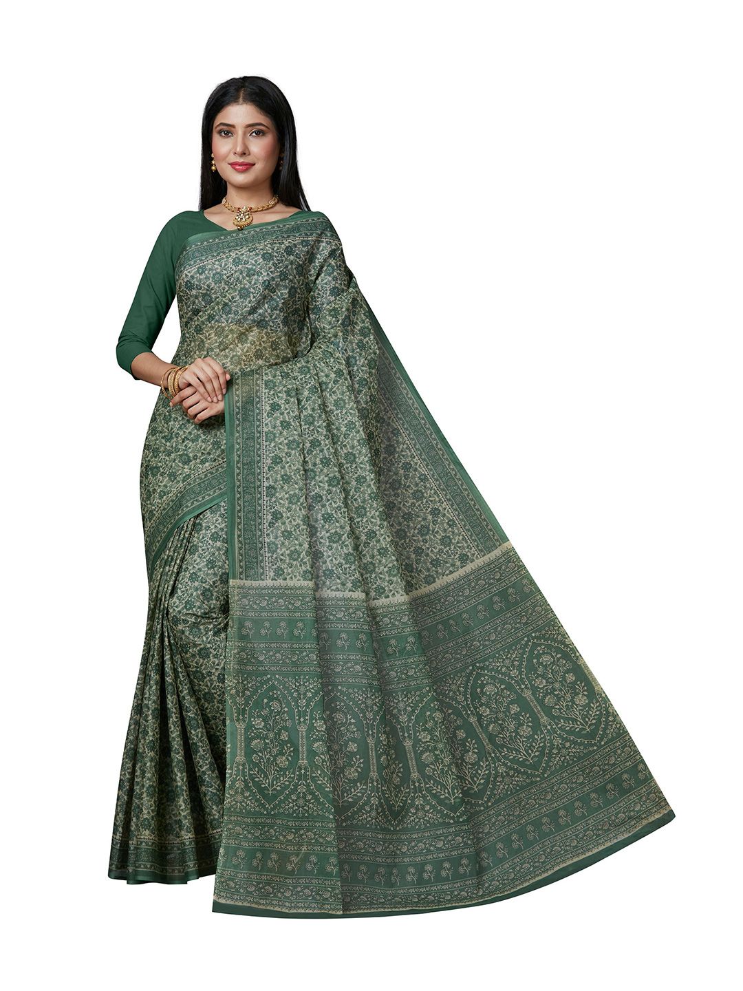 SHANVIKA Green & Cream-Coloured Floral Pure Cotton  Block Print Saree Price in India