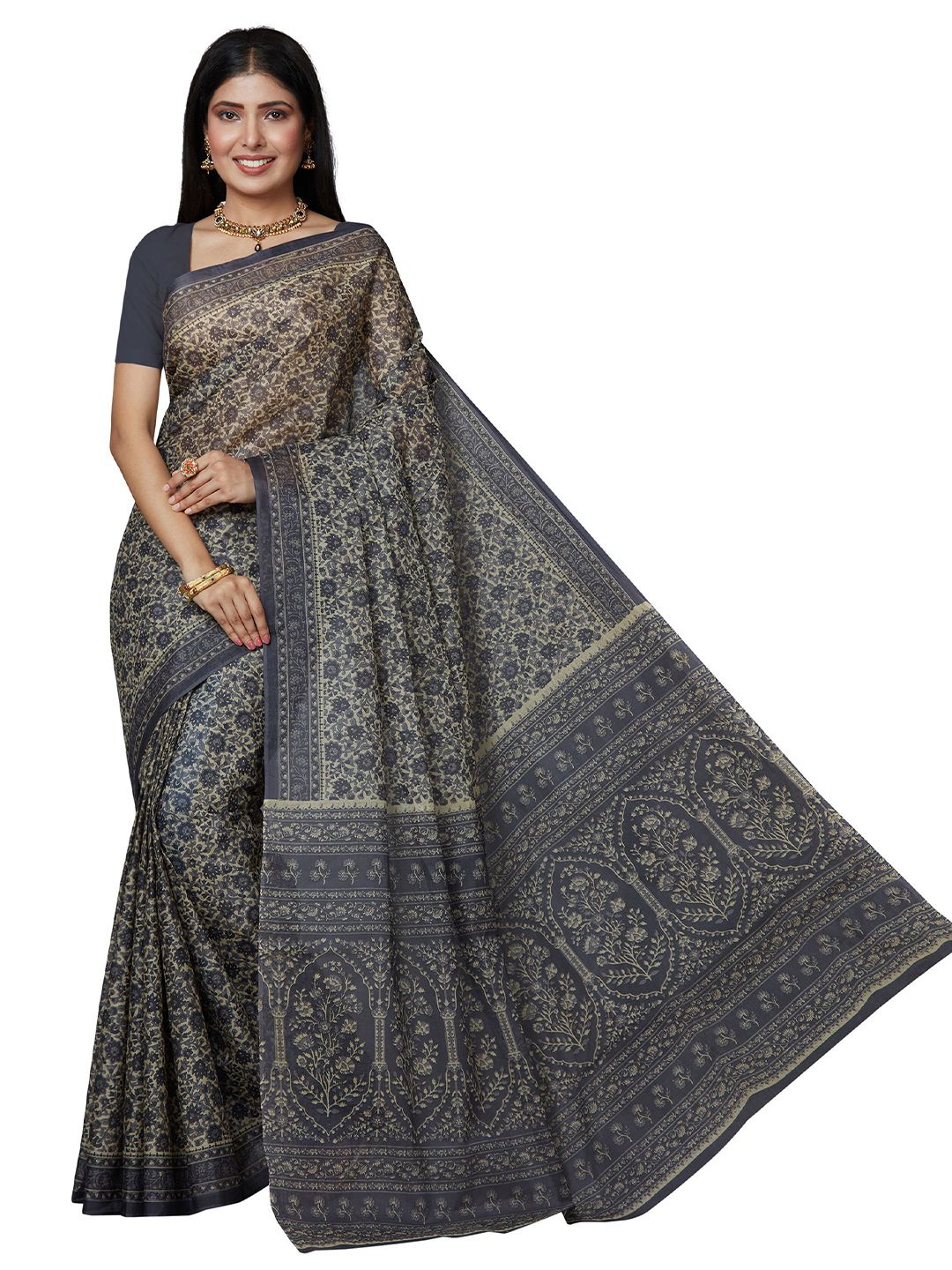 SHANVIKA Grey & Cream-Coloured Floral Pure Cotton  Block Print Saree Price in India