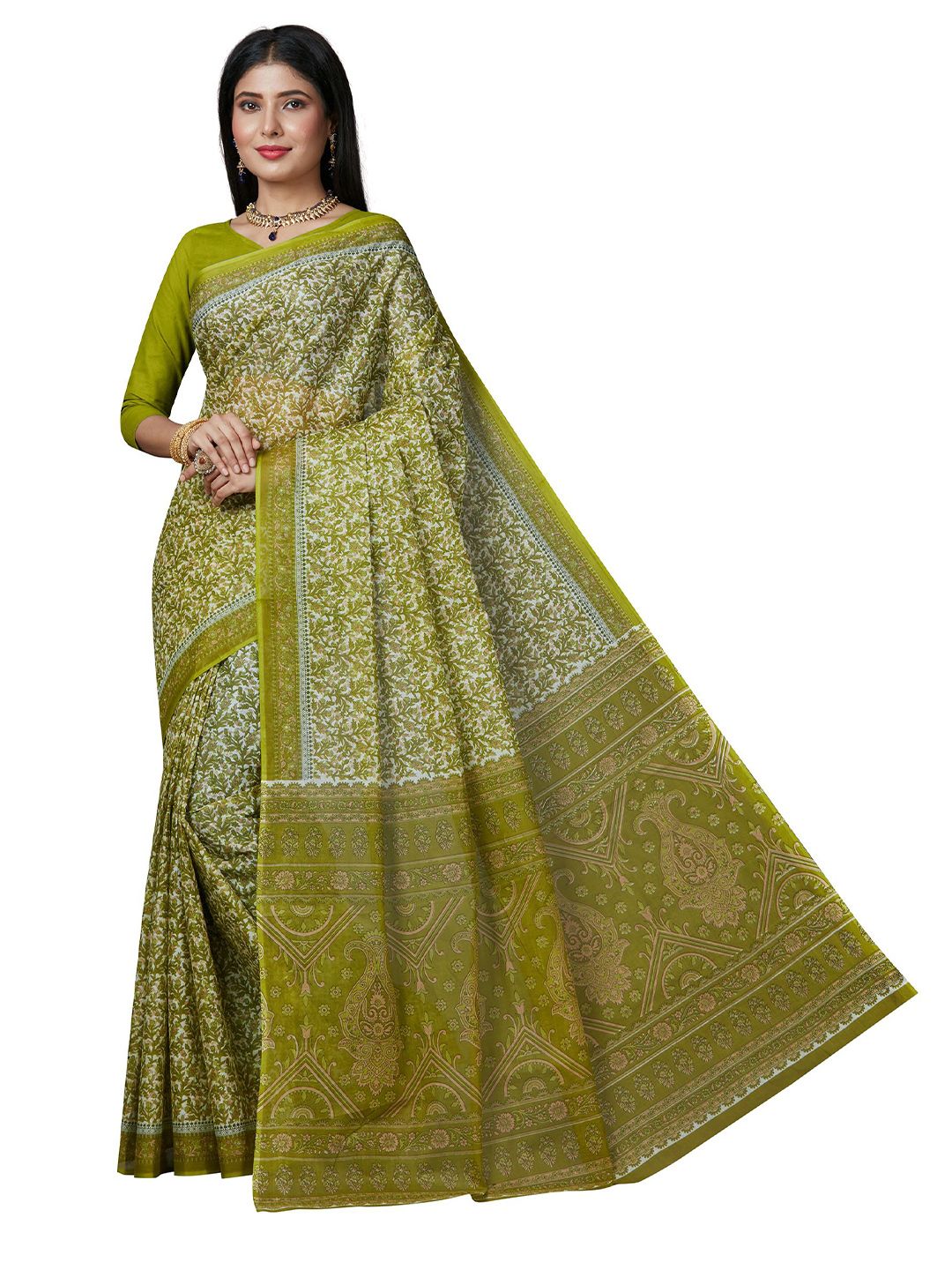 SHANVIKA Women Green & Cream Floral Pure Cotton Block Print Saree Price in India