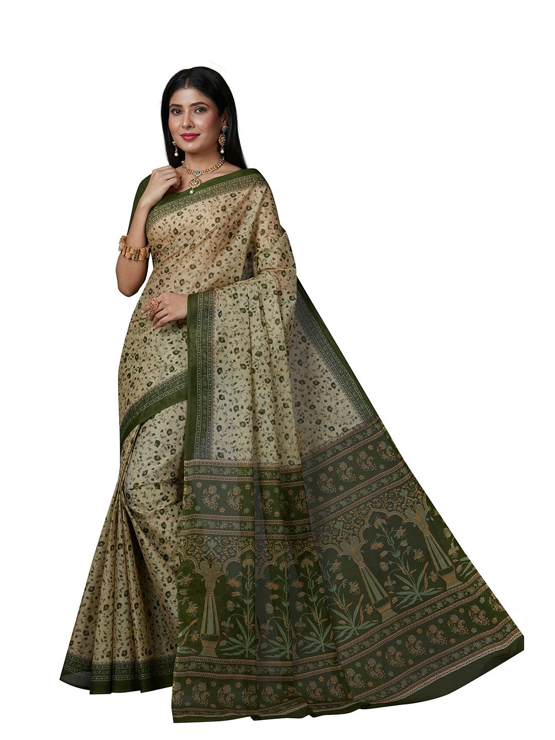 SHANVIKA Beige & Green Floral Pure Cotton  Block Print Saree Price in India