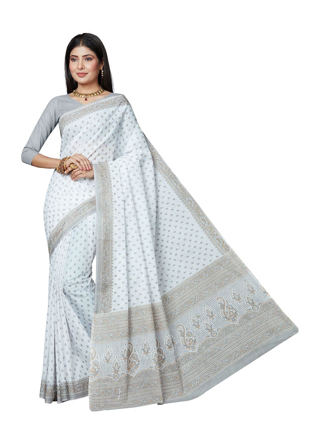 SHANVIKA White & Grey Ethnic Motifs Pure Cotton Block Print Saree Price in India