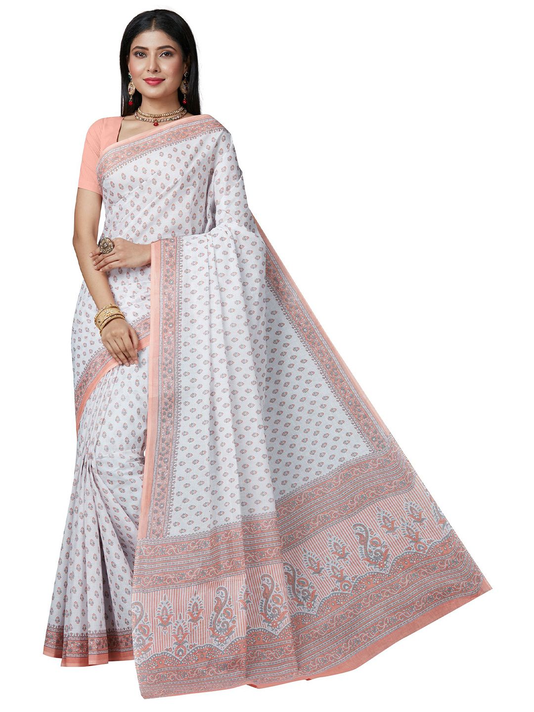 SHANVIKA White & Peach-Coloured Ethnic Motifs Pure Cotton  Block Print Saree Price in India
