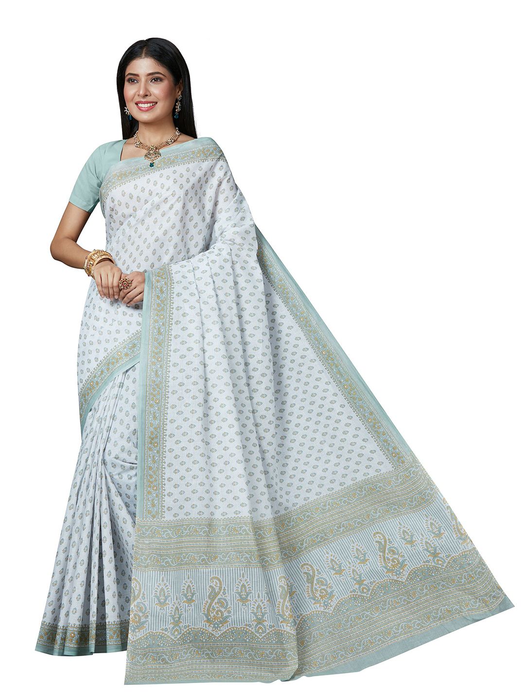 SHANVIKA White & Green Ethnic Motifs Pure Cotton  Block Print Saree Price in India