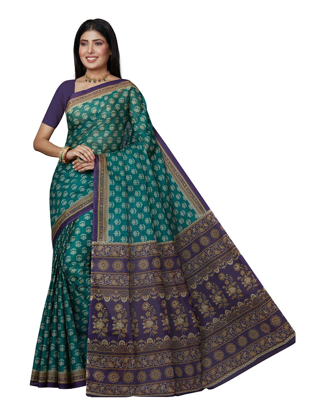 SHANVIKA Teal Green & Violet Ethnic Motifs Pure Cotton Block Print Saree Price in India