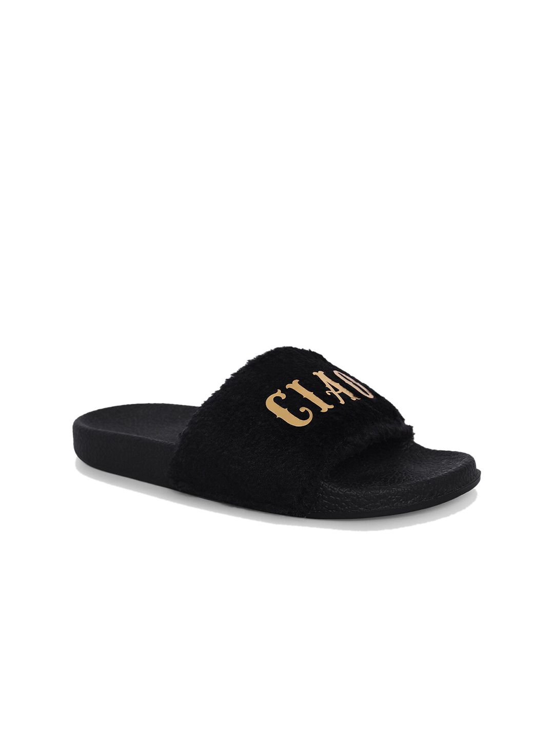 AMACLASS Women Black & Gold-Toned Printed Sliders Price in India