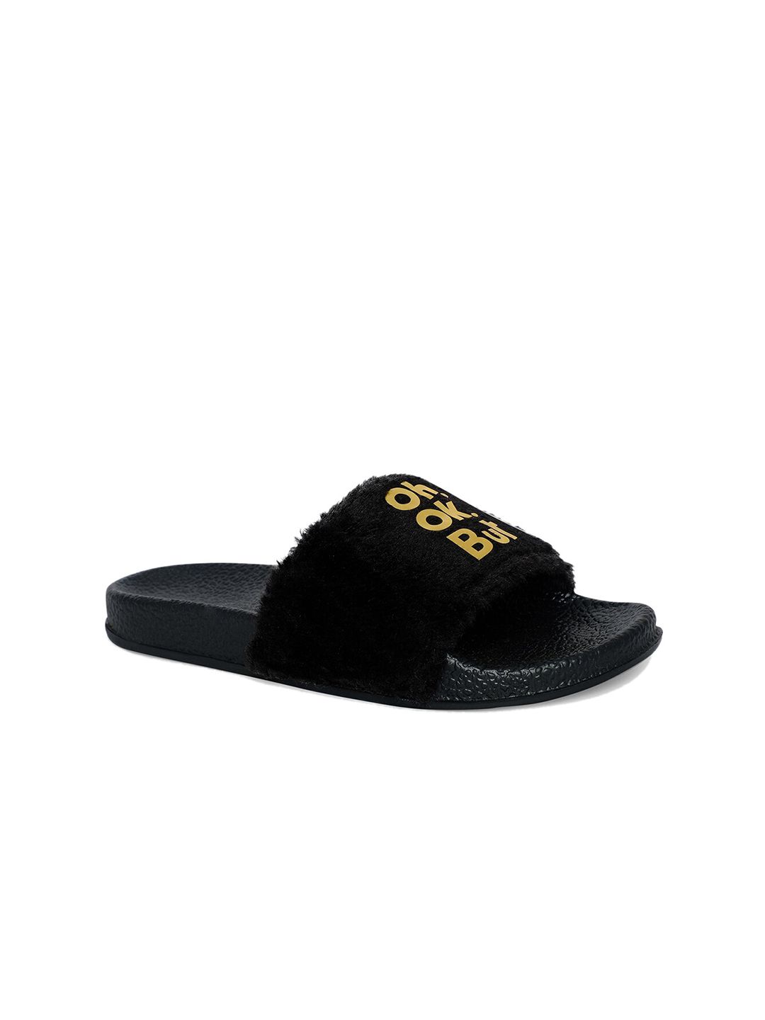 AMACLASS Women Black & Gold-Toned Embellished Sliders Price in India