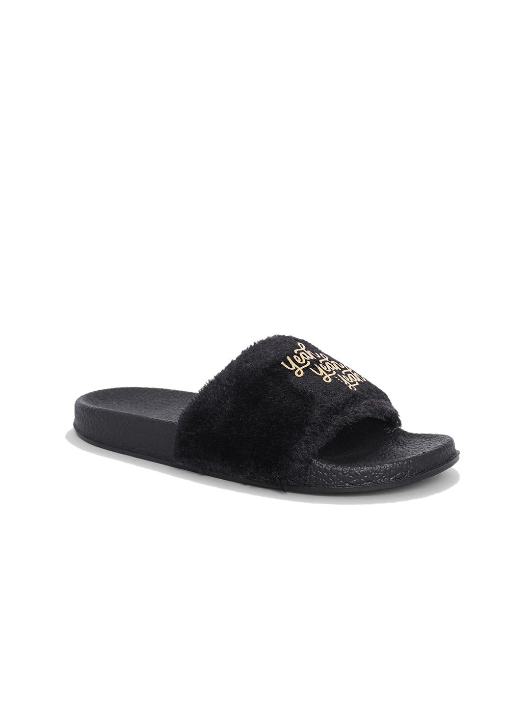 AMACLASS Women Black & Gold-Toned Embellished Sliders Price in India