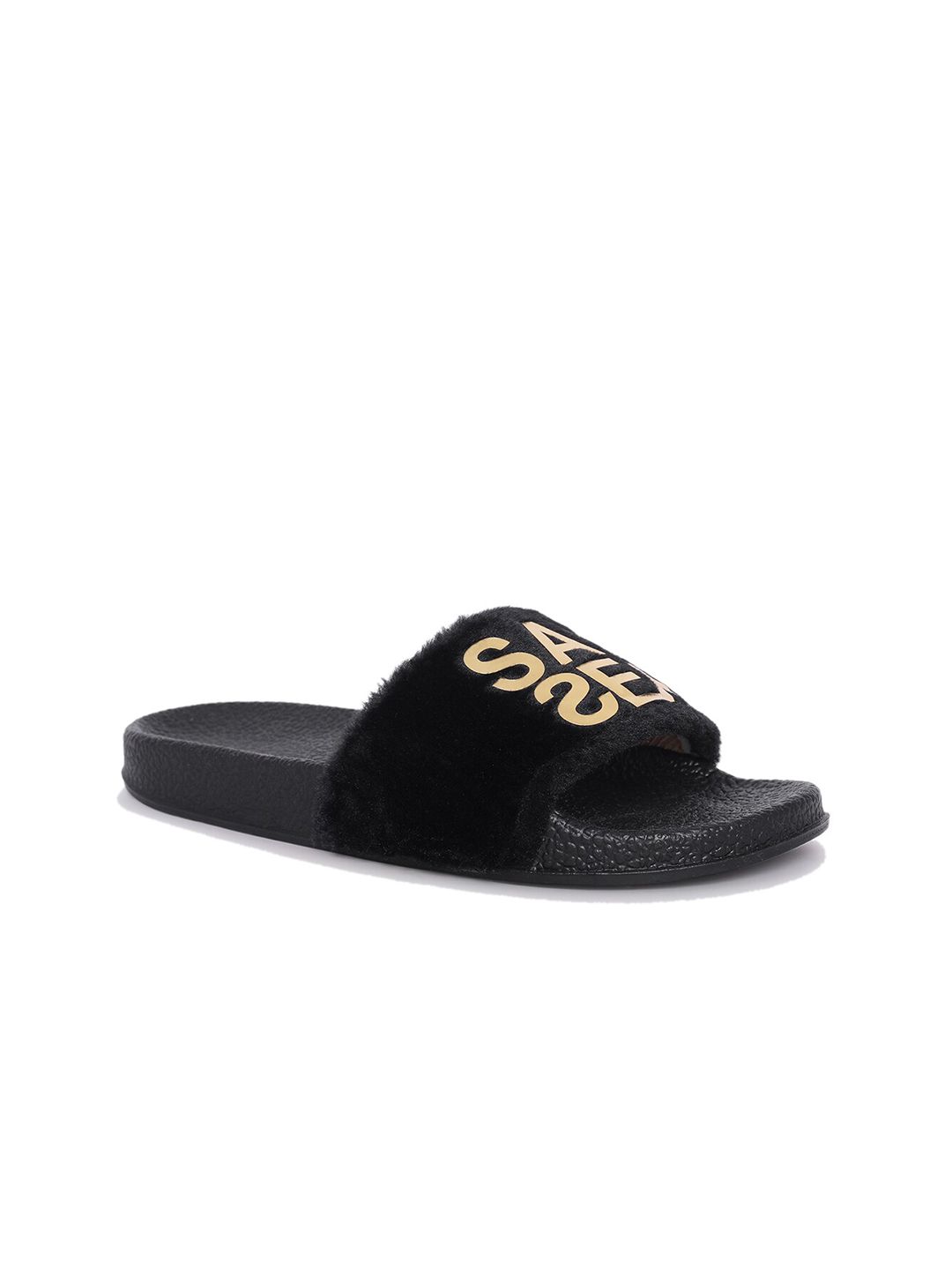 AMACLASS Women Black & Gold-Toned Embellished Sliders Price in India