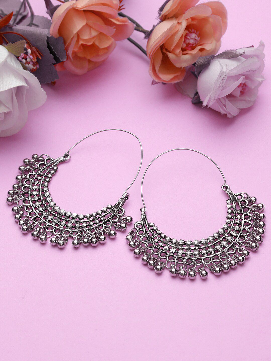 KACY Oxidised Silver-Plated Circular Hoop Earrings Price in India