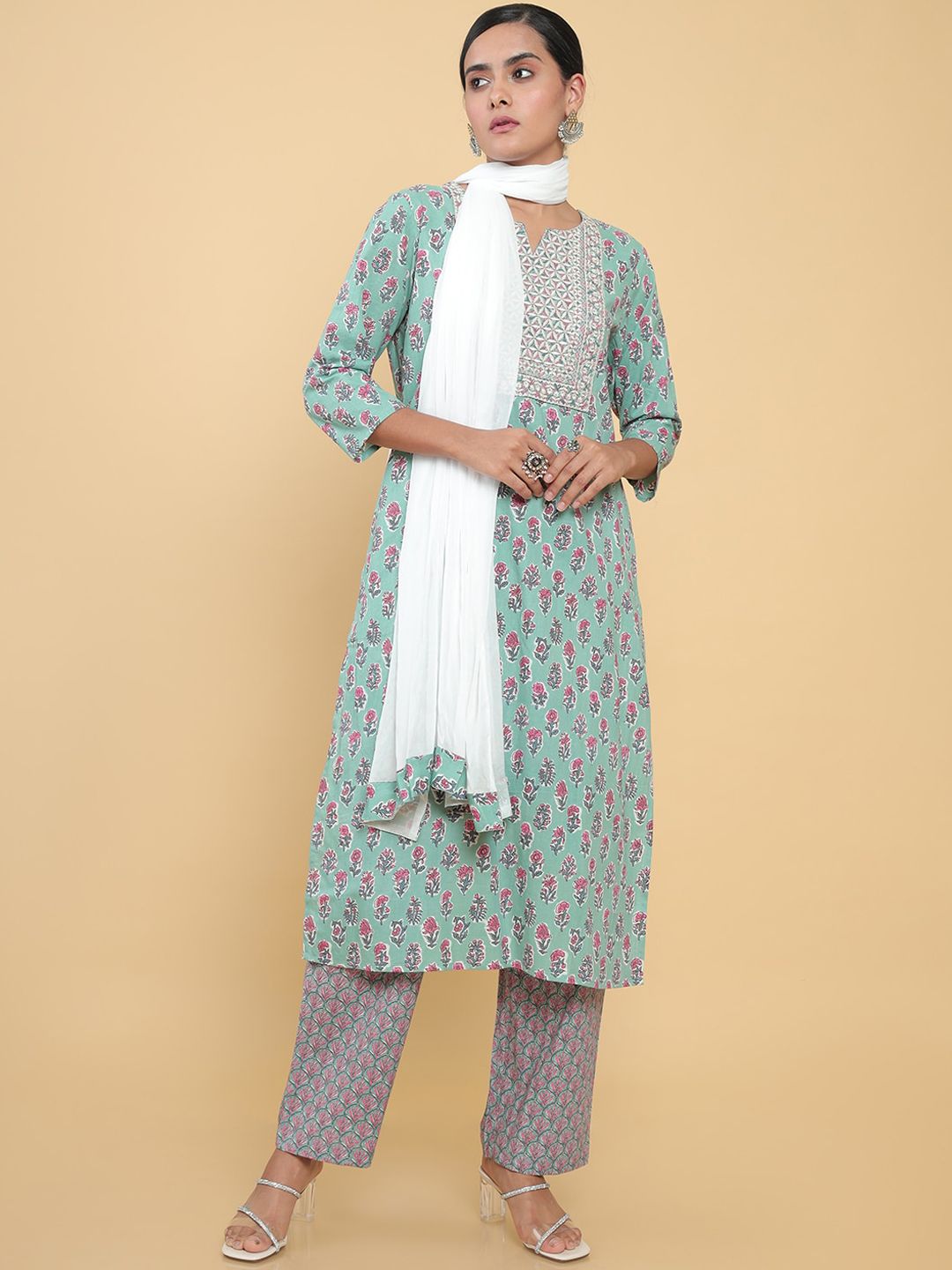 Soch Women Green Ethnic Motifs Printed Thread Work Pure Cotton Kurta Set Price in India