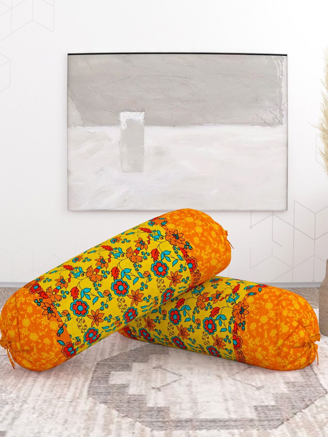 Salona Bichona Yellow & Orange Set of 2 Floral Rectangle Cushion Covers Price in India