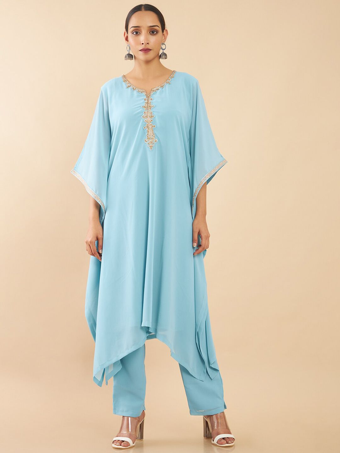 Soch Women Blue Embellished Yoke Design Kaftan With Trouser Price in India