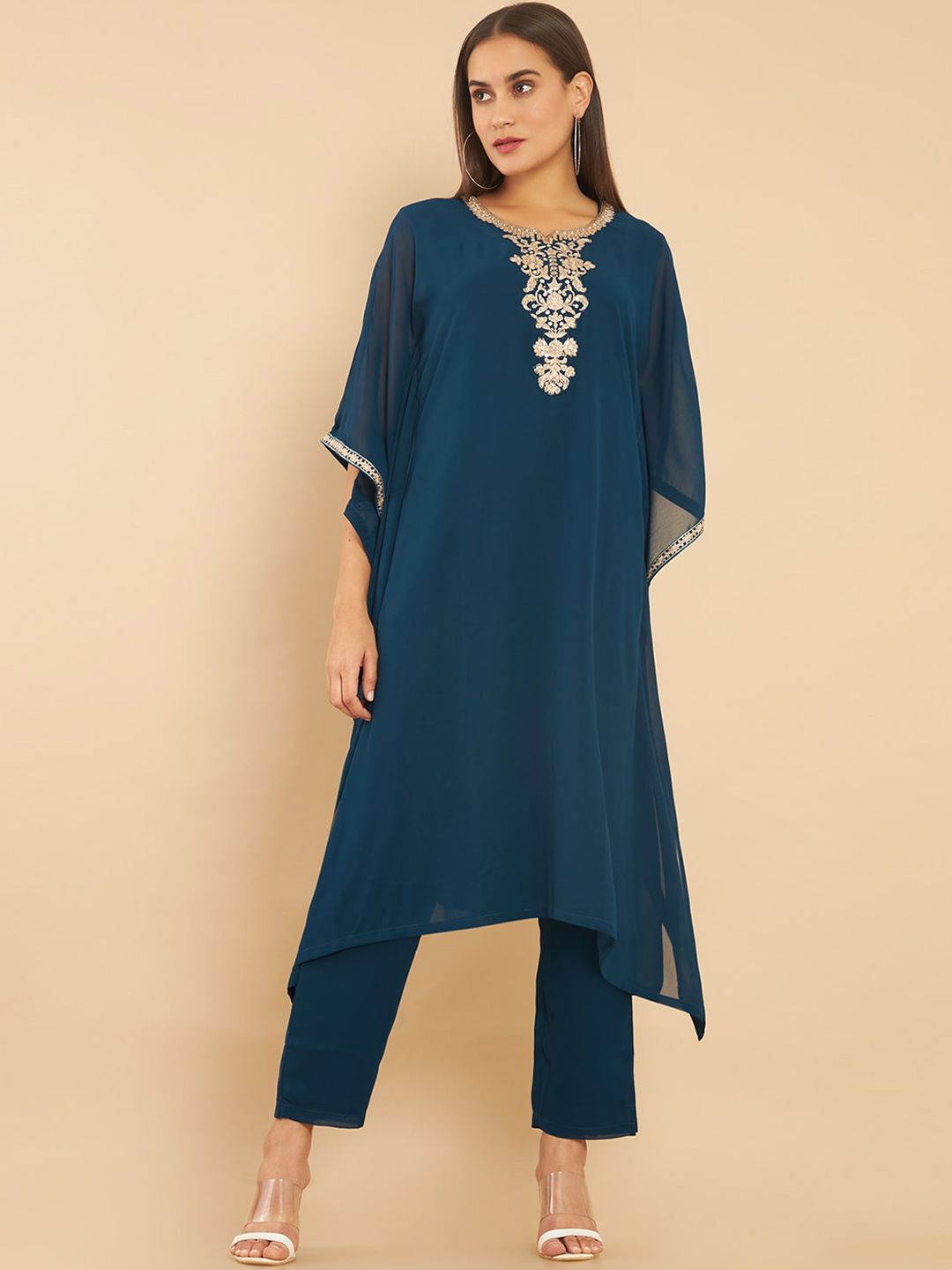 Soch Women Blue Ethnic Motifs Yoke Design Kaftan Style Kurta with Trousers Price in India