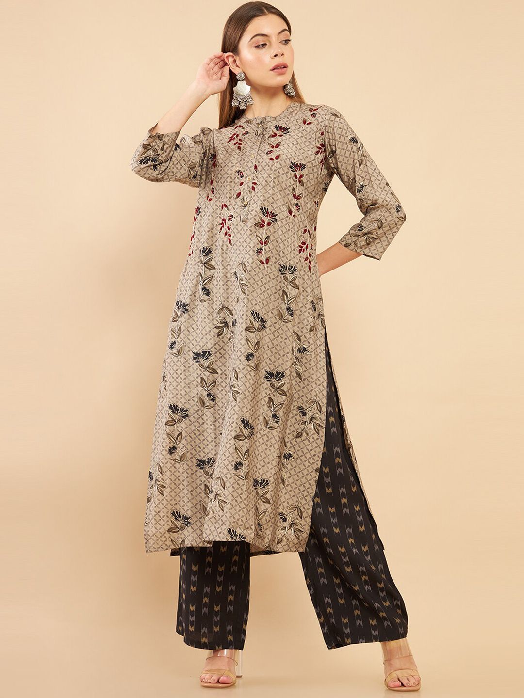 Soch Women Beige Floral Printed Layered Kurti with Trousers Price in India