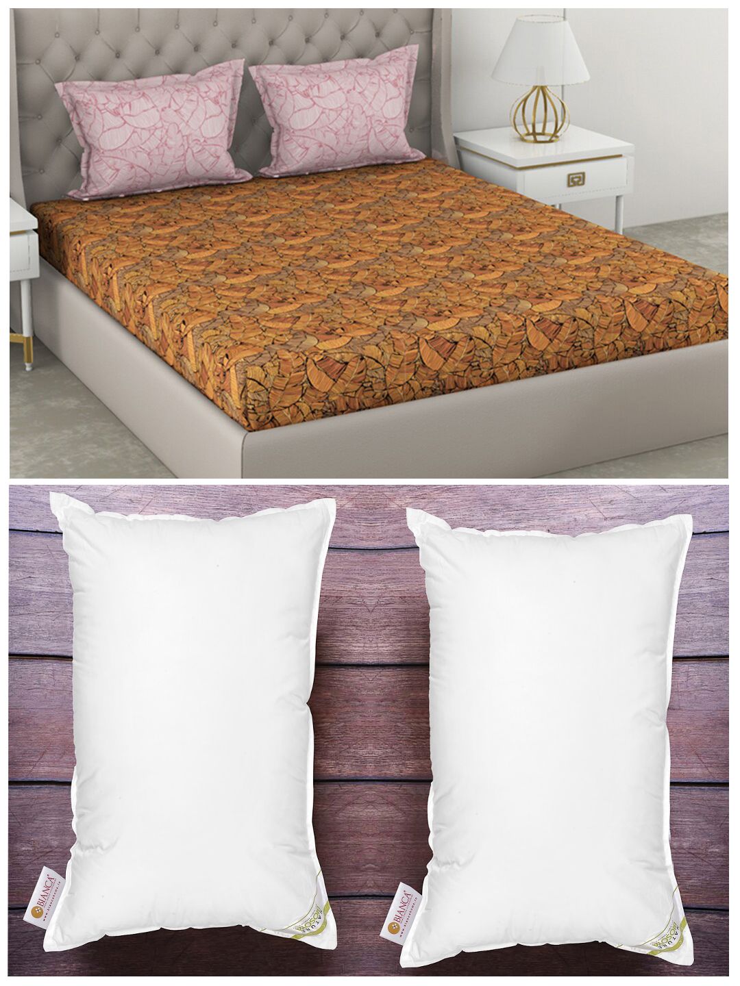 BIANCA Set of 2 White Anti Stress Orthopedic Pillows & 210 TC Cotton King Bedsheet Set Price in India