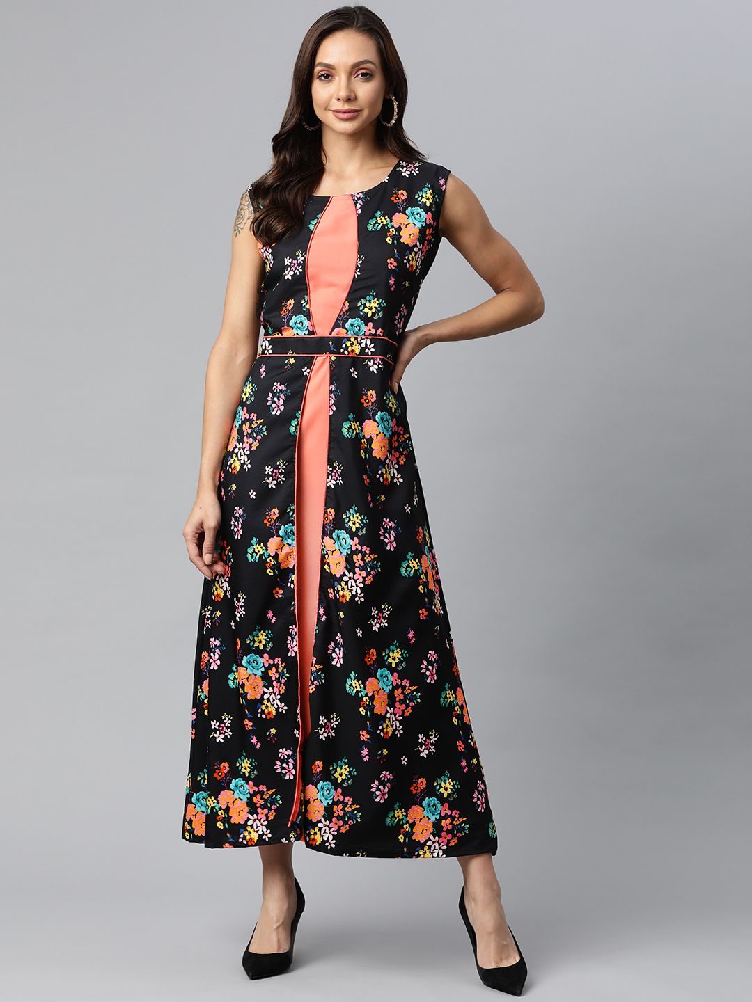 Fashion FRICKS Black & Orange Floral Maxi Dress Price in India