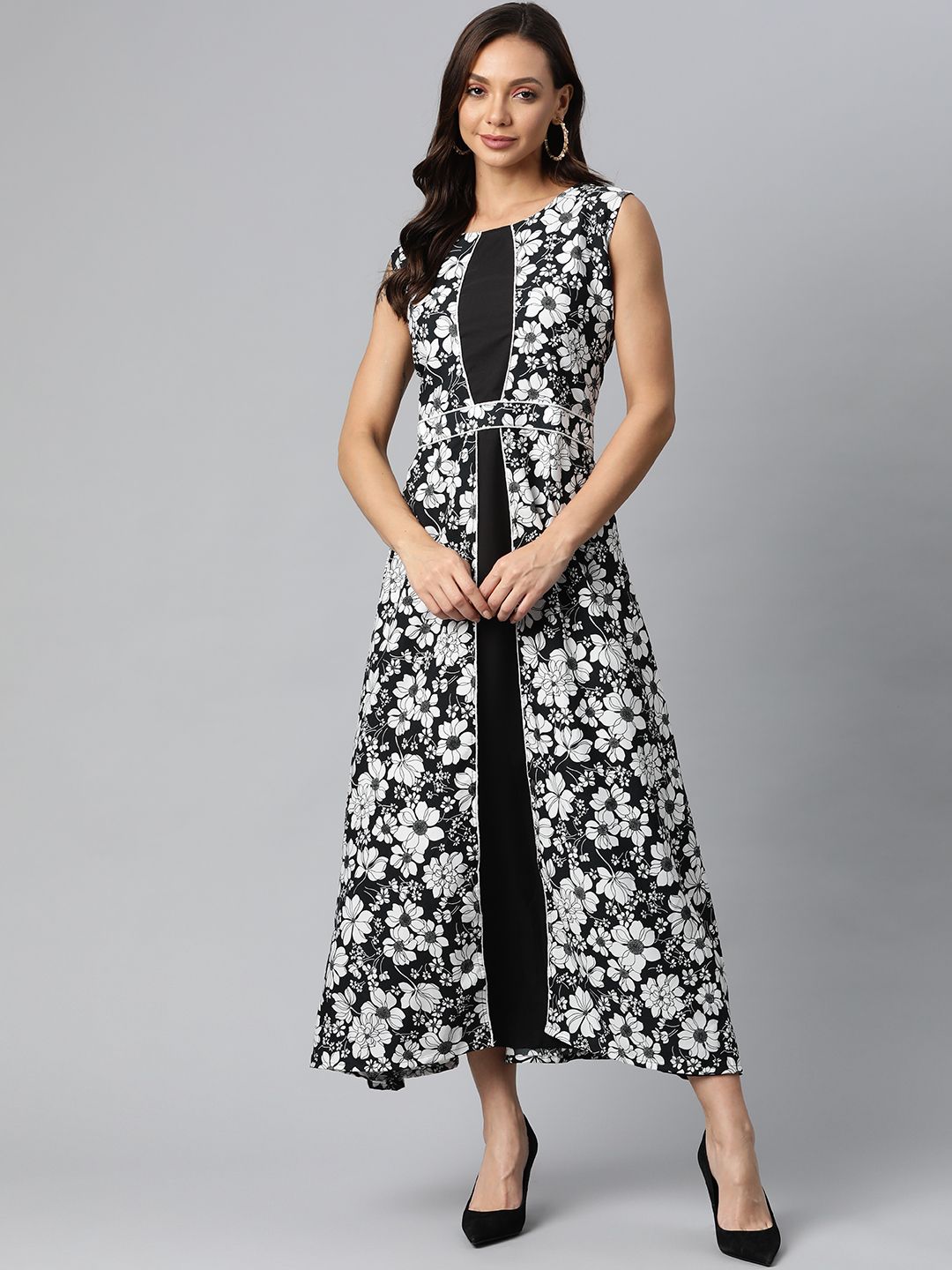 Fashion FRICKS Black & White Floral Maxi Dress Price in India