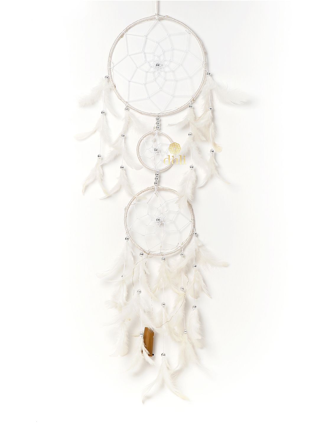 DULI White 3 Ring White Feathers Hanging Dream Catcher with Lights Price in India