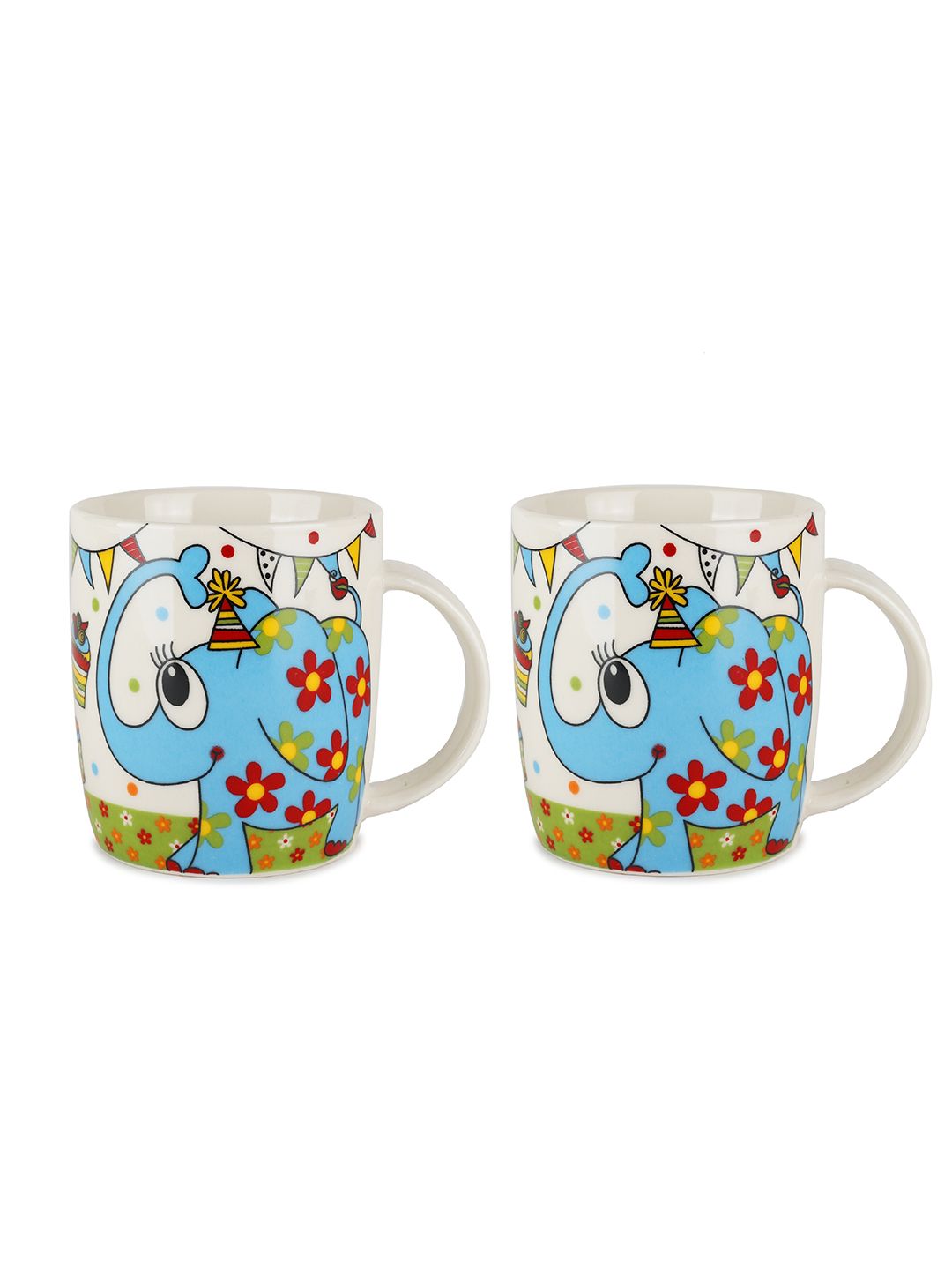 ZEVORA White & Blue Printed Ceramic Glossy Pack of 2 Mugs Price in India