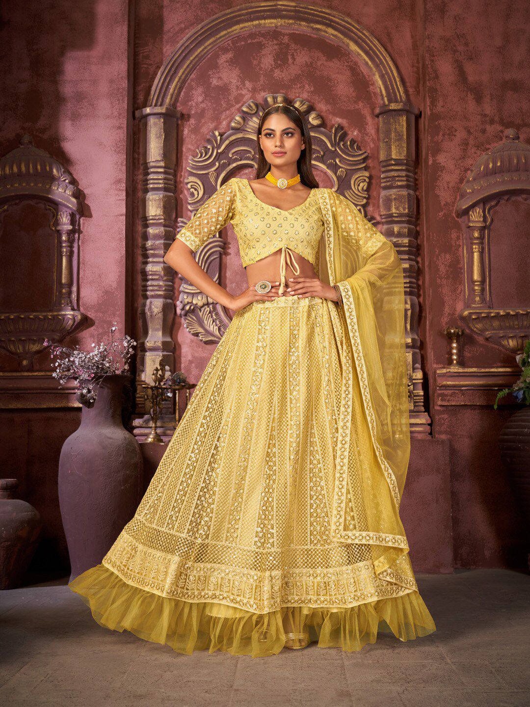 Pandadi Saree Yellow Embroidered Sequinned Unstitched Lehenga & Semi-Stitched Blouse With Dupatta Price in India