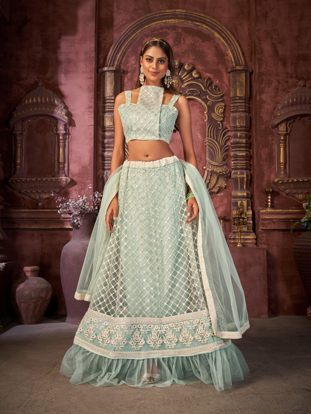 Pandadi Saree Blue & White Embroidered Sequinned Unstitched Lehenga & Semi-Stitched Blouse With Dupatta Price in India