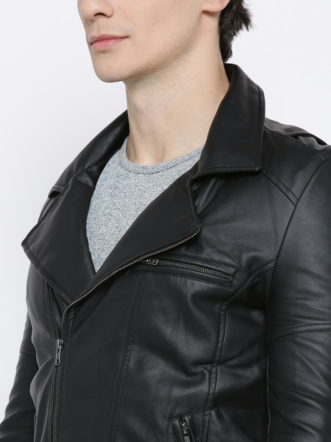 Buy Roadster Men Black Solid Asymmetric Closure Biker Jacket