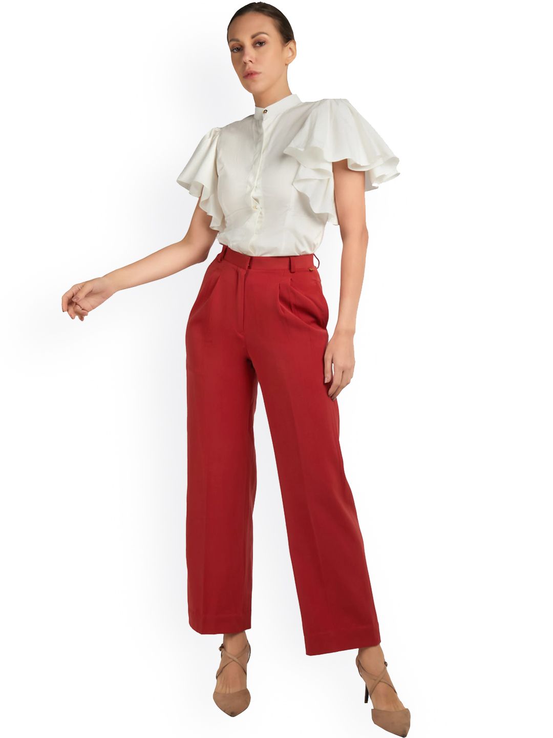 EMBLAZE Women Red Low-Rise Pleated Trousers Price in India