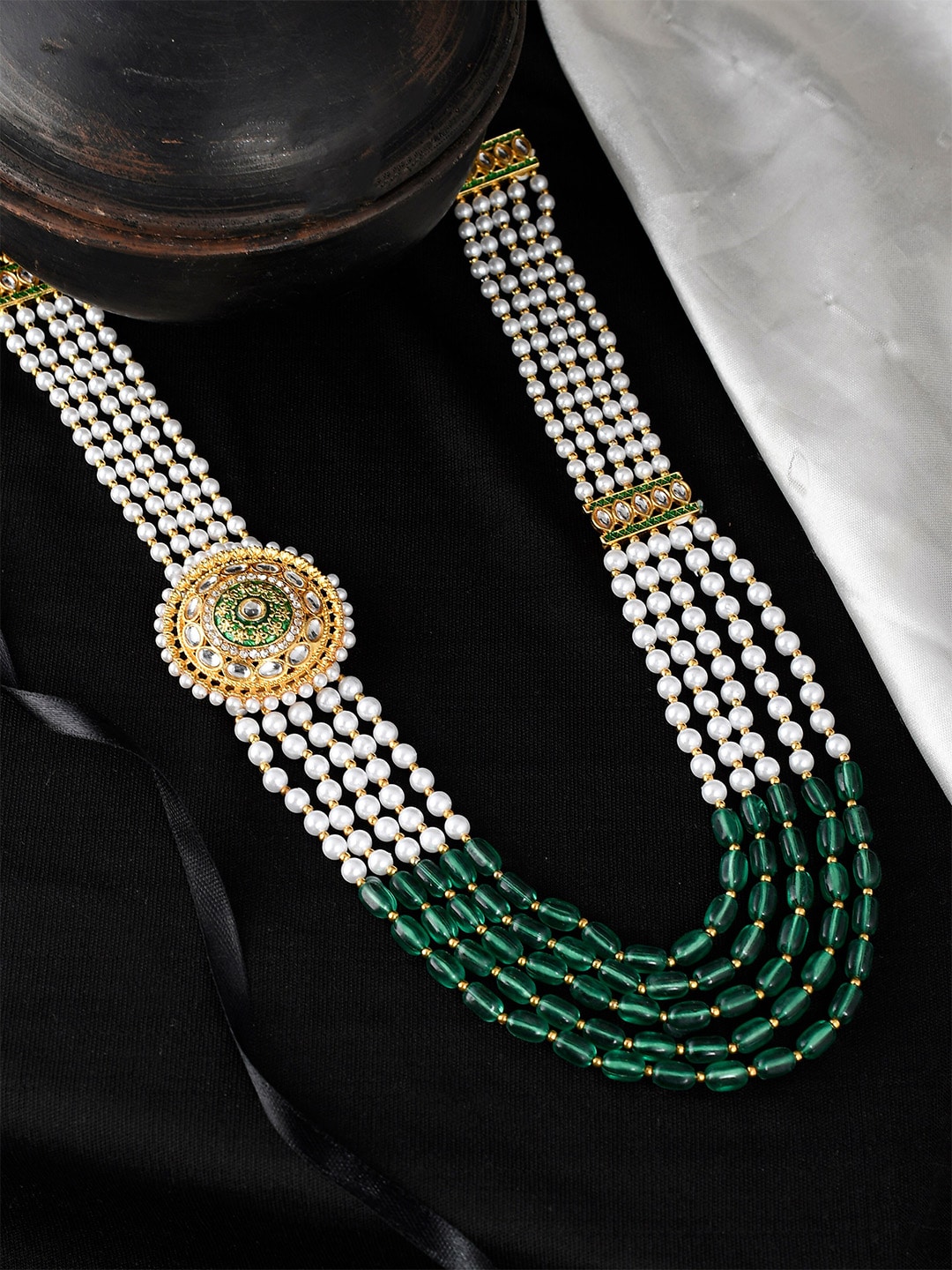 Silvermerc Designs Unisex Gold-Plated & Green Brass Layered Necklace Price in India