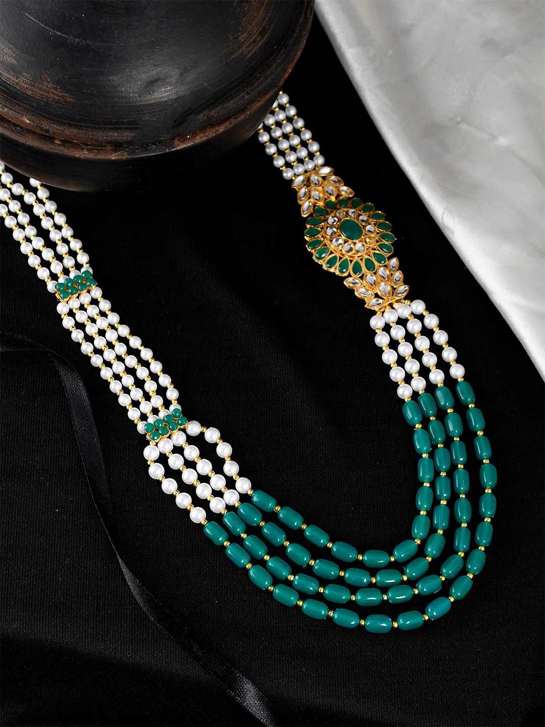 Silvermerc Designs Gold-Toned & Green Brass Gold-Plated Layered Necklace Price in India