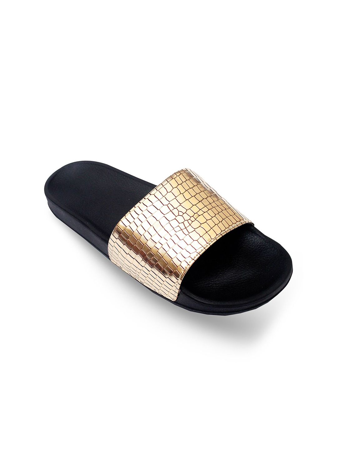 ADIVER Women Gold-Toned & Black Embellished Sliders Price in India