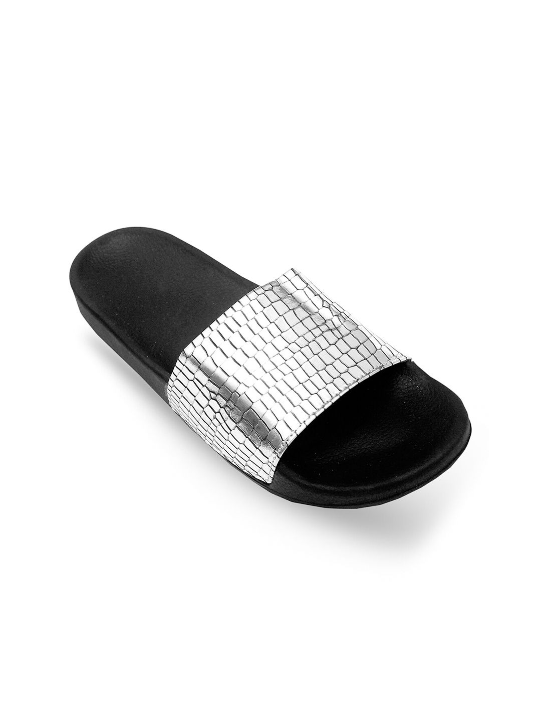 ADIVER Women Silver-Toned & Black Embellished Sliders Price in India