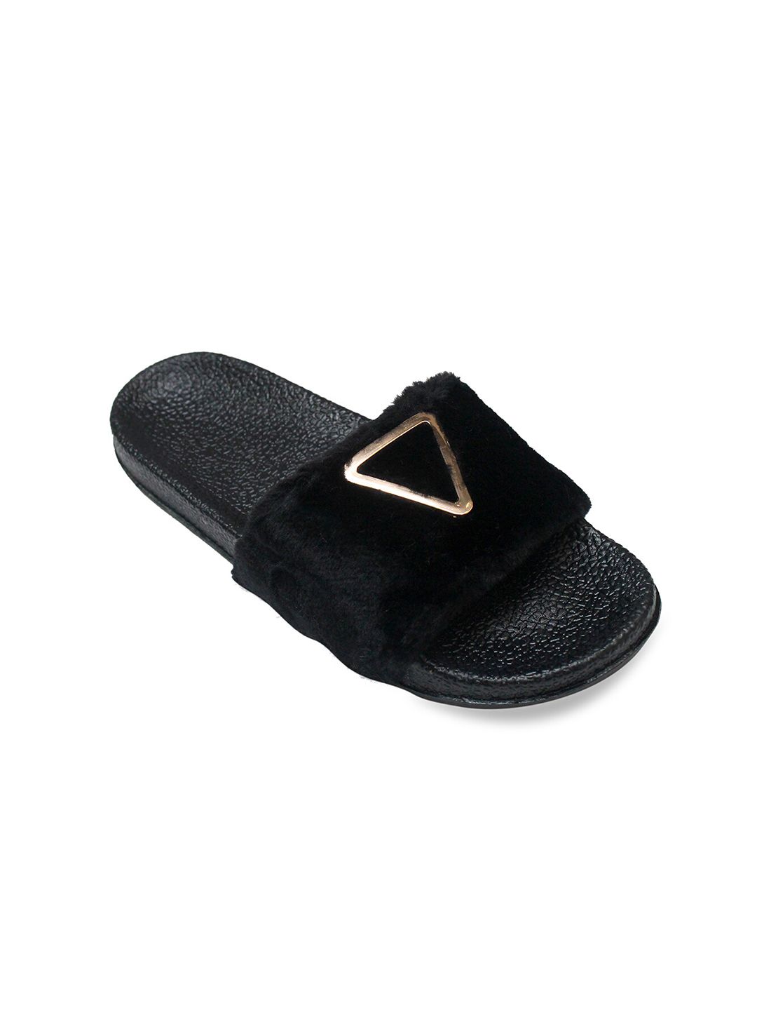 ADIVER Women Black & Gold-Toned Embellished Sliders Price in India