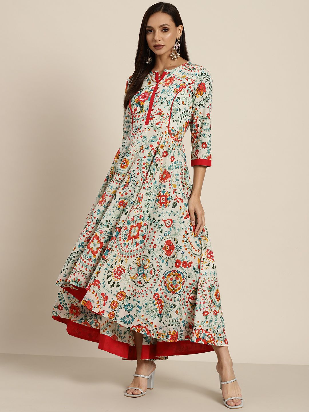 Rain & Rainbow Sea Green & Red Pure Cotton Floral Print Maxi Dress Price in India