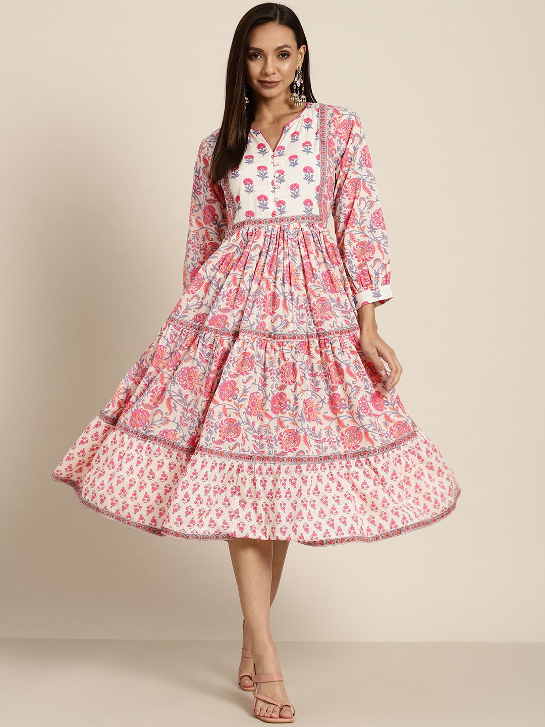 Rain & Rainbow Off White & Pink Pure Cotton Floral Print Tiered A-Line Dress Price in India