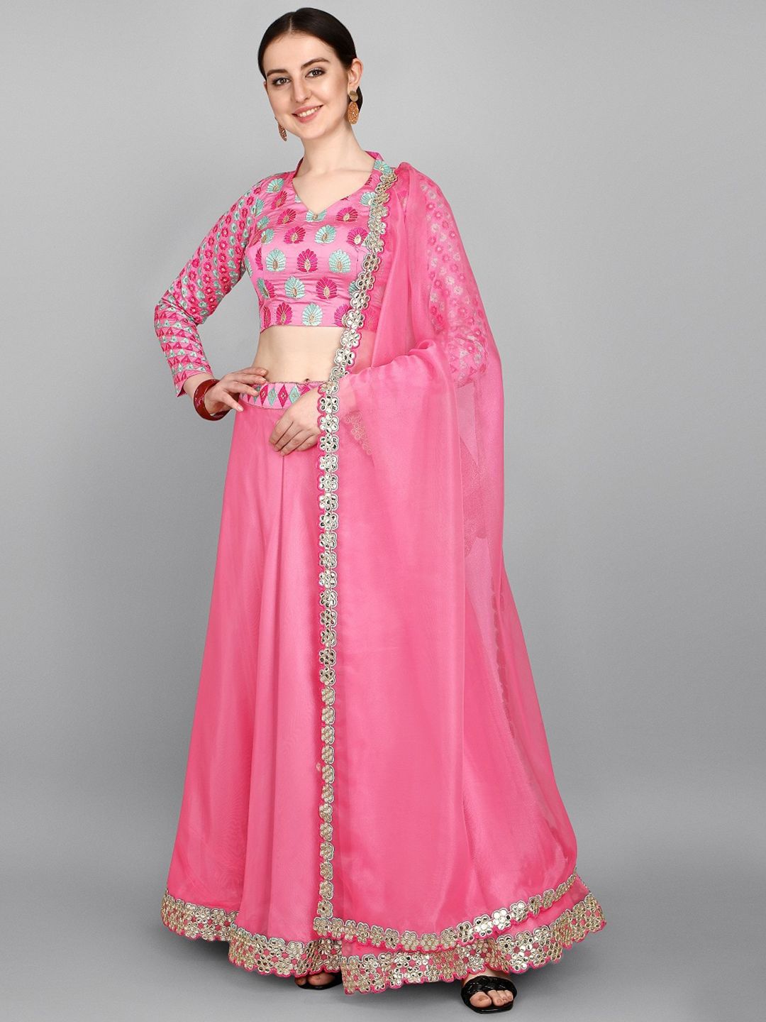 Fashionuma Pink & Blue Semi-Stitched Lehenga & Unstitched Blouse With Dupatta Price in India