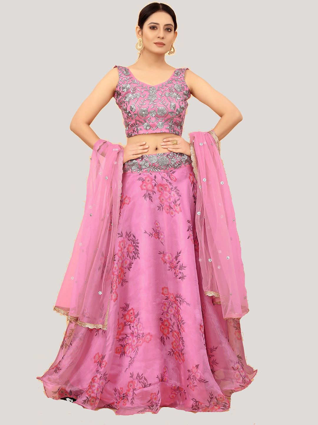 Fashionuma Pink & Silver-Toned Embroidered Sequinned Semi-Stitched Lehenga & Unstitched Blouse With Dupatta Price in India