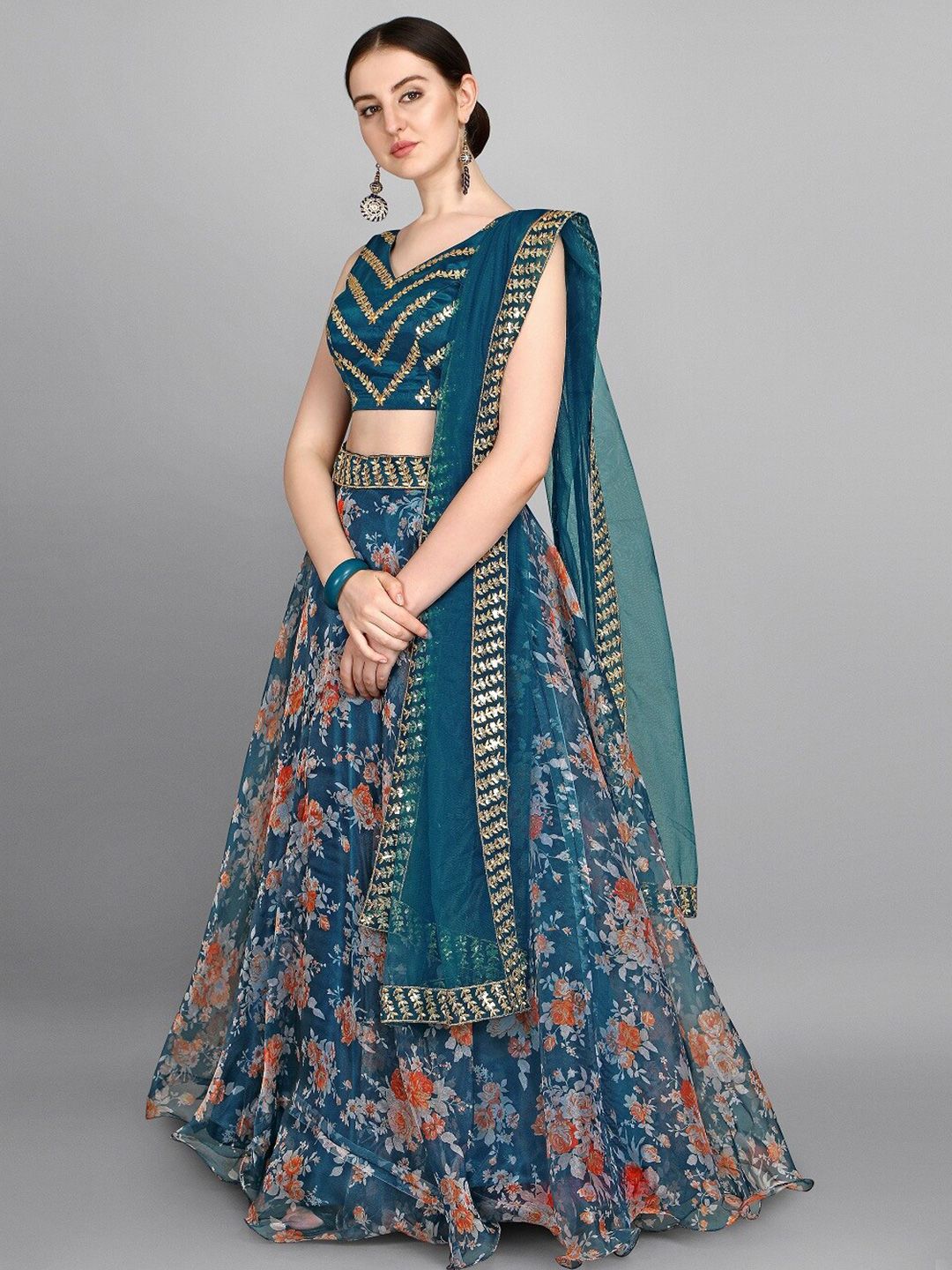 Fashionuma Turquoise Blue & Red Embellished Sequinned Semi-Stitched Lehenga & Unstitched Blouse With Dupatta Price in India