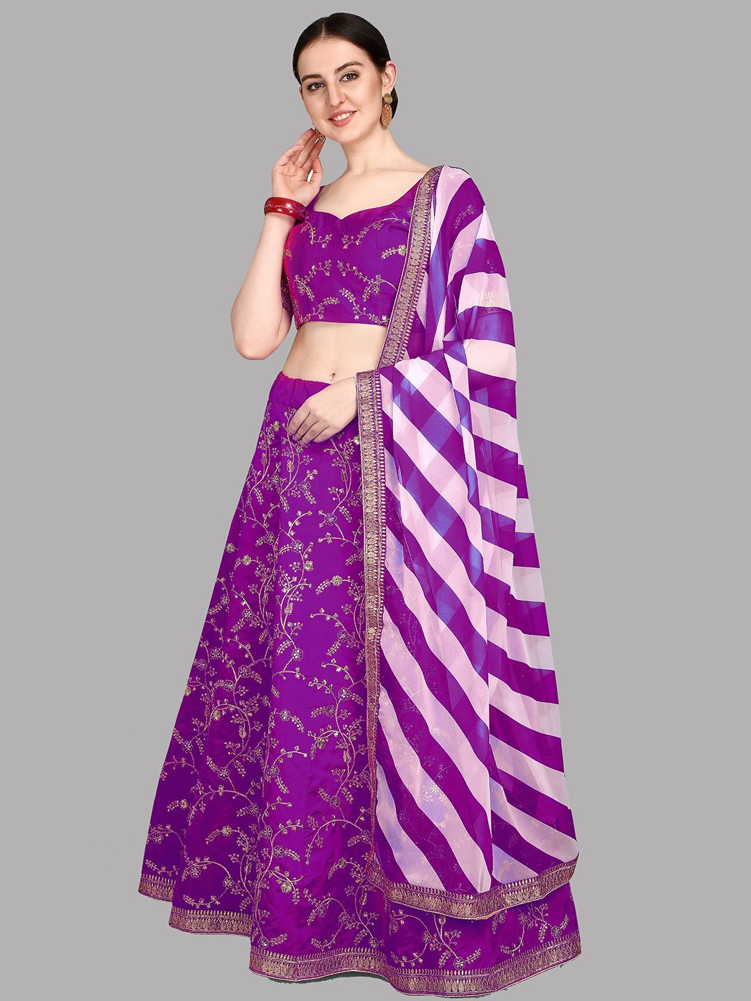 Fashionuma Purple & Gold-Toned Embroidered Sequinned Semi-Stitched Lehenga & Unstitched Blouse With Dupatta Price in India