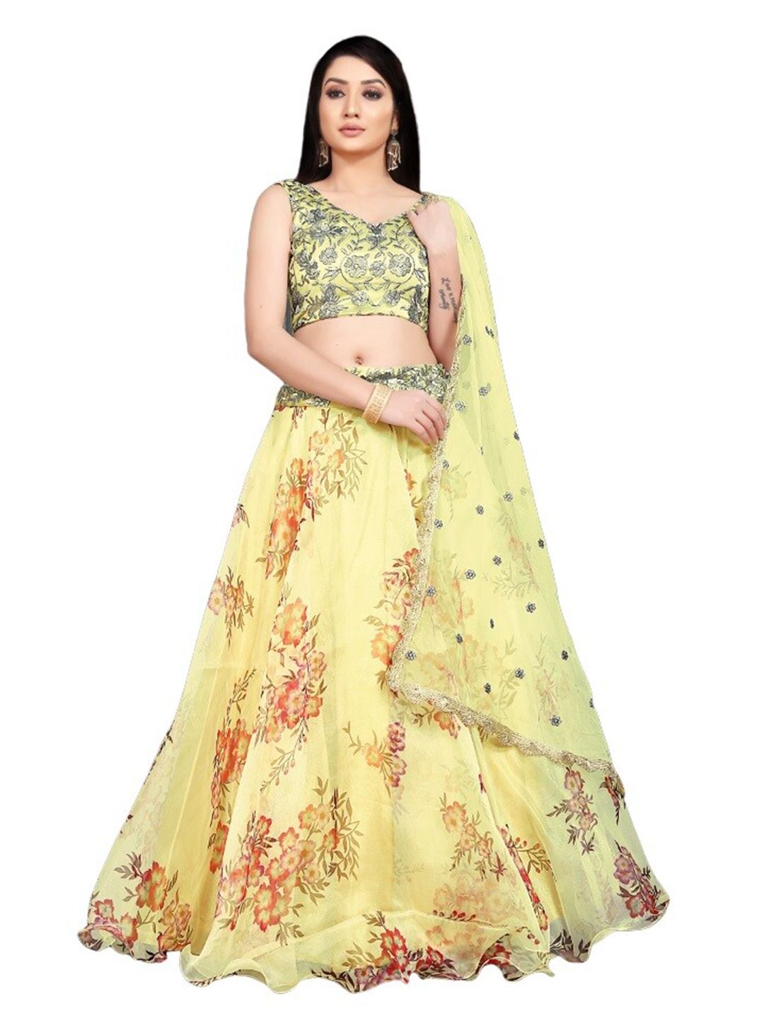 Fashionuma Yellow & Silver-Toned Embroidered Sequinned Semi-Stitched Lehenga & Unstitched Blouse With Price in India
