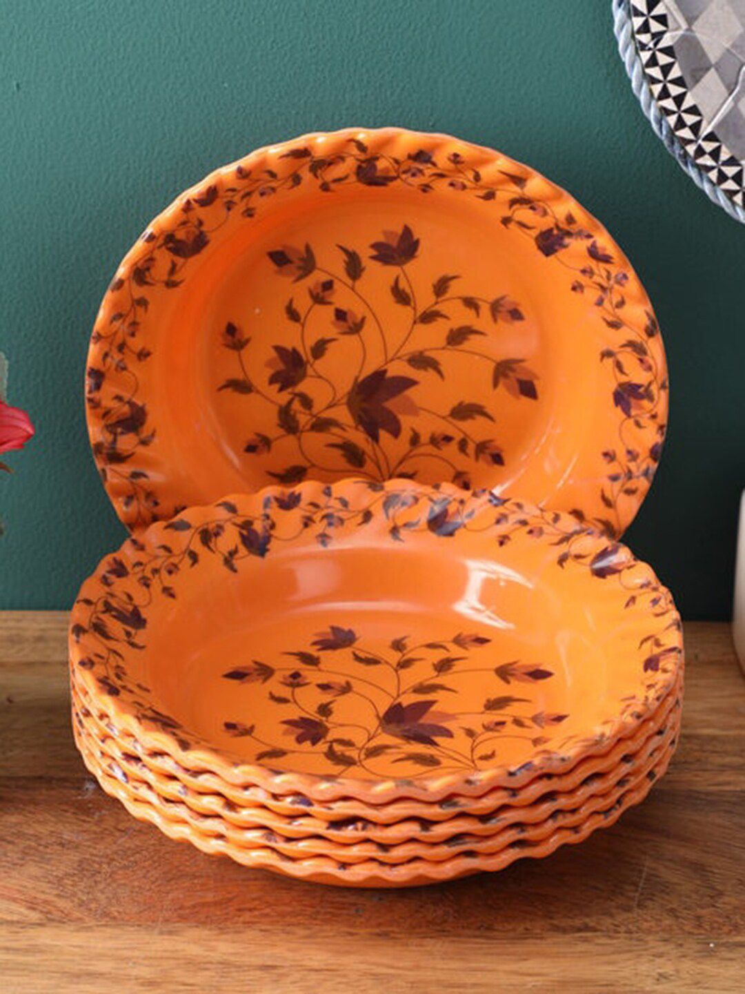 Gallery99 Orange & Brown 12 Pieces Printed Melamine Glossy Plates Price in India