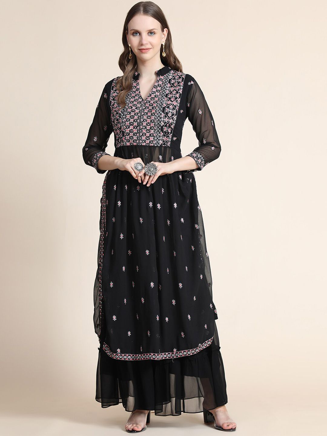 KALINI Women Black Embroidered High Slit Silk Georgette Kurta with Sharara Price in India