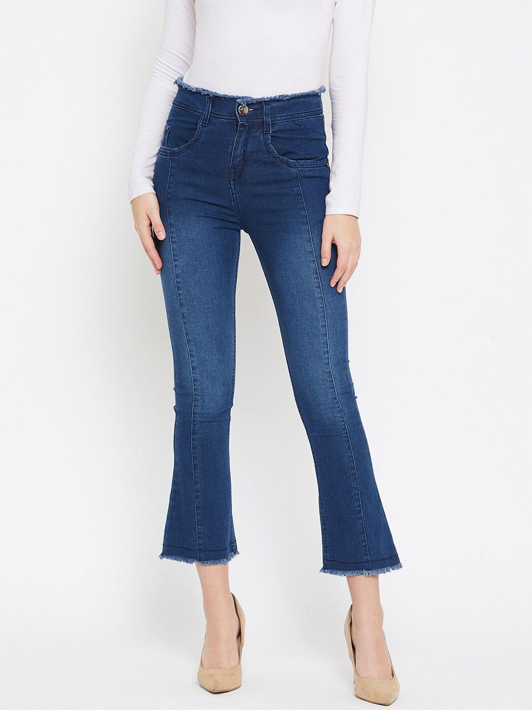Nifty Women Blue Bootcut High-Rise Light Fade Frayed Jeans Price in India