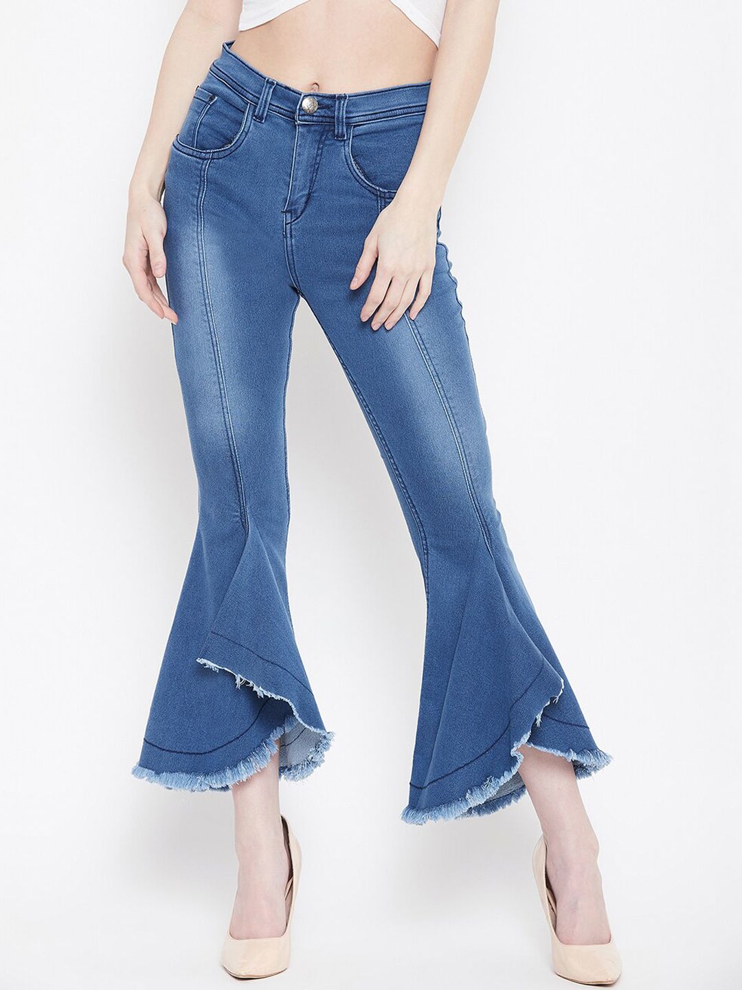 Nifty Women Blue Cotton Low Distress Light Fade Bootcut  Jeans Price in India