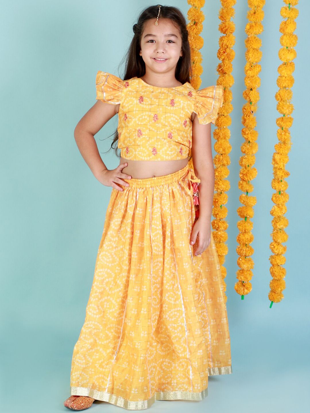 LIL DRAMA Girls Yellow & White Printed Ready to Wear Lehenga &