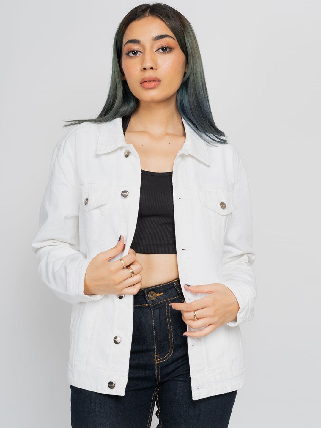 FREAKINS Women White Washed Crop Denim Jacket Price in India